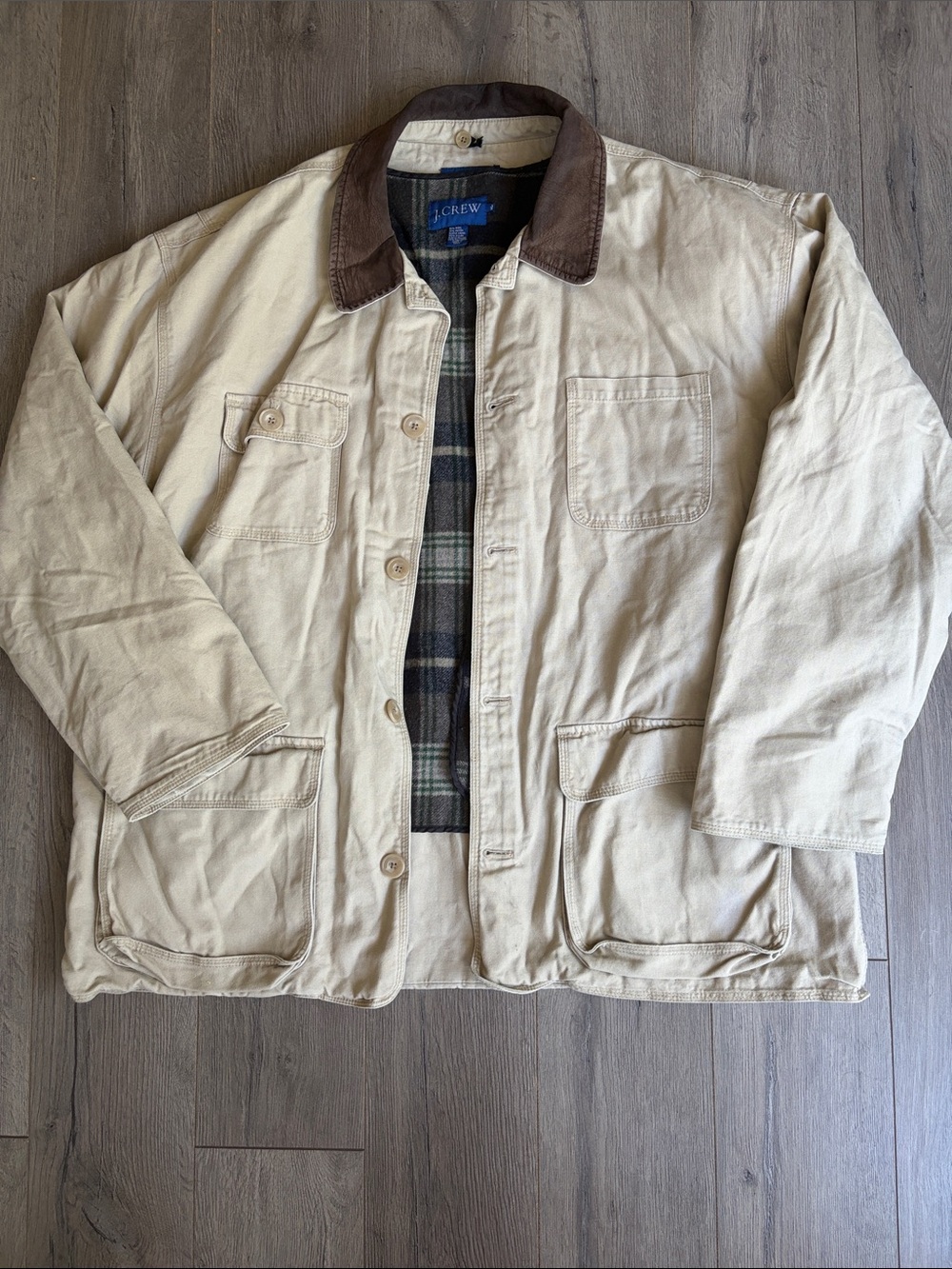 J. Crew Men's Cream Canvas Field Jacket with Brown Corduroy Collar - Vintage